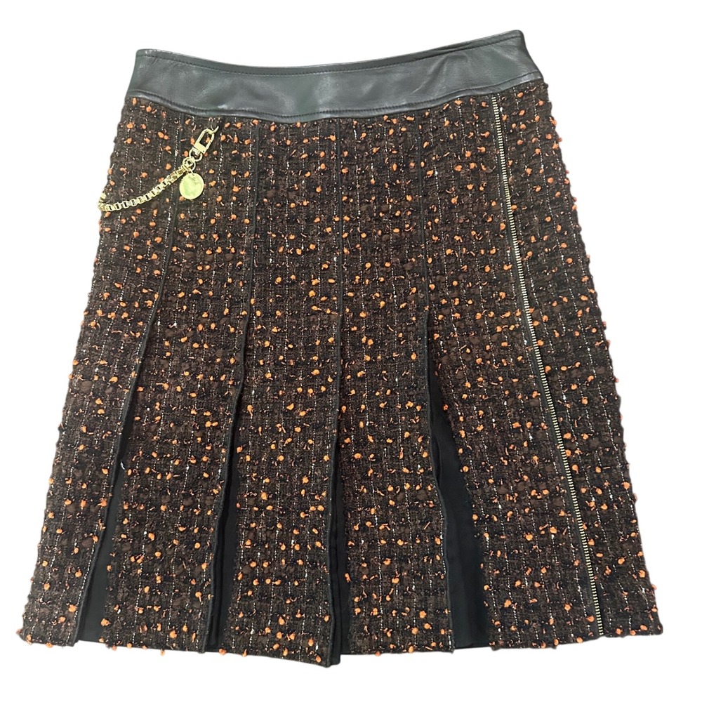 Per Se Brown Wool Tweed Leather Trim Pleated Skirt with Chain Detail Size 4